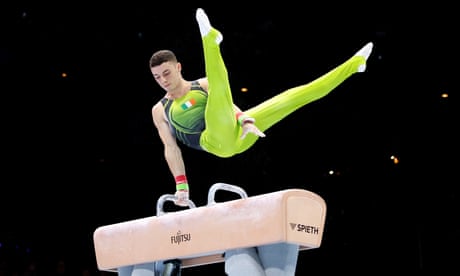 Rhys McClenaghan of Ireland competes on his way to winning a second world title.