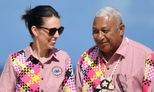Frank Bainimarama with New Zealand’s prime minister, Jacinda Ardern, at the forum.
