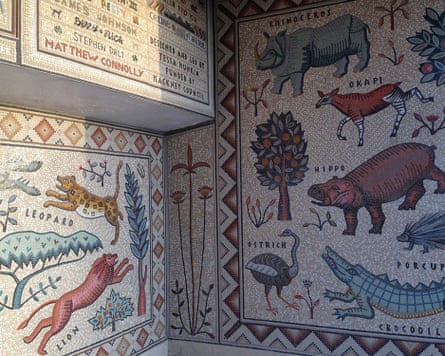 Mosaic design of a animals and tress in an outdoor shelter in a children’s playground