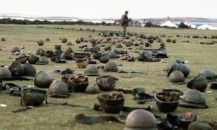 Steel helmets abandoned by Argentinian soldiers at Goose Green.
