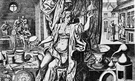 16th century art work depicting a woman mixing medicinal drugs.