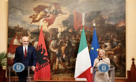 Giorgia Meloni (right) and Edi Rama (left) speak during a joint press conference at the Chigi Palace in Rome