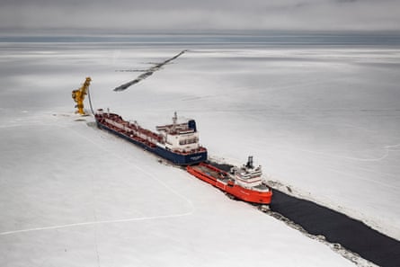 A tanker and a tugboat on an oilfield in Russia’s Yamal peninsula