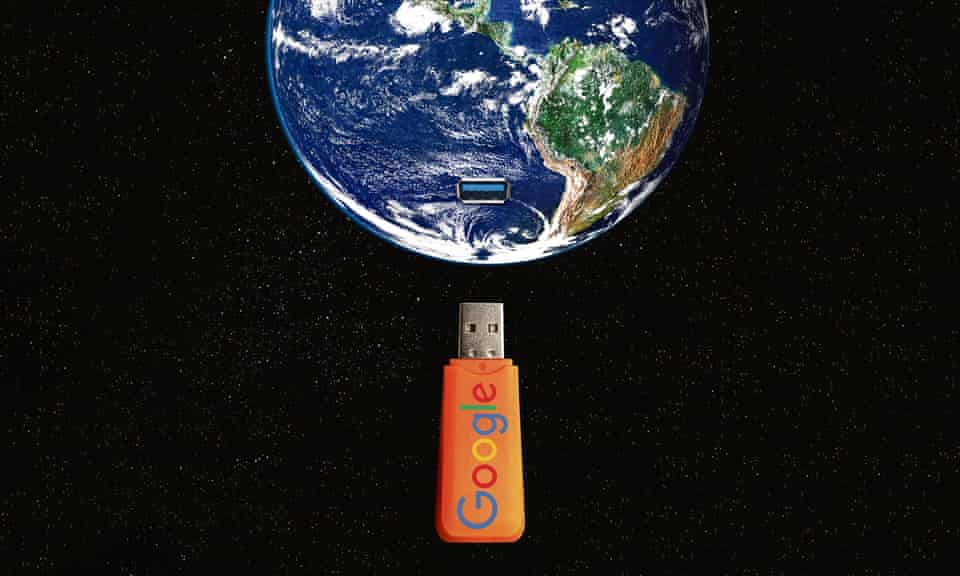 illustration: a Google flash drive plugging into Planet Earth
