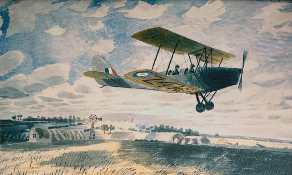 Painting shows plane in the air above English countryside