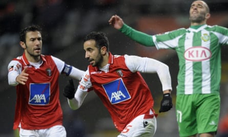 Ruben Amorím (centre) celebrates scoring for Braga alongside Hugo Viana in a 4-1 league victory over Vitoria in January 2013