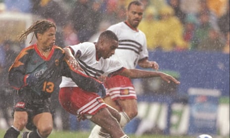 Eddie Pope denies Cobi Jones of the LA Galaxy during the first ever MLS Cup final on 20 October 1996. DC won 3-2 in extra time, and Eddie Pope scored the winning goal.