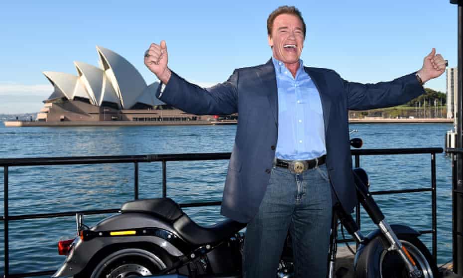 Arnold Schwarzenegger poses in Sydney on Thursday to promote the film Terminator Genisys.