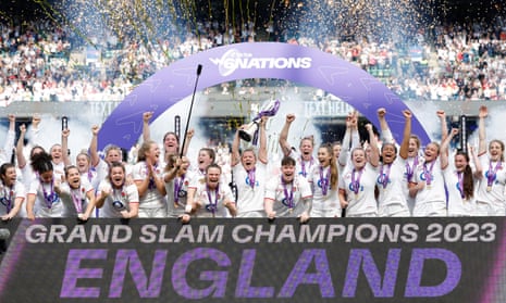 England celebrates with the trophy and the fans after they sealed the grand slam on a remarkable day for women’s rugby. 