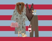 A composite image of an embroidered wrap coat, bodysuit, earrings, trousers, perfume, gold sandals and pink clutch bag on a blue and red horizontal striped background.