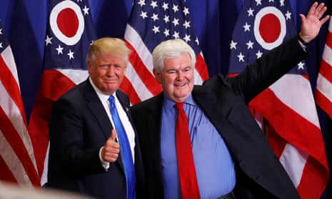 Newt Gingrich greets Donald Trump at a rally in Cincinnati, Ohio, in July 2016.