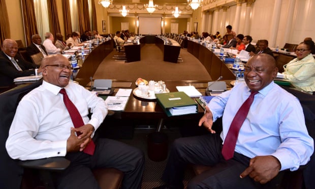 Jacob Zuma and Cyril Ramaphosa at a cabinet committee meeting in Cape Town on 7 February.