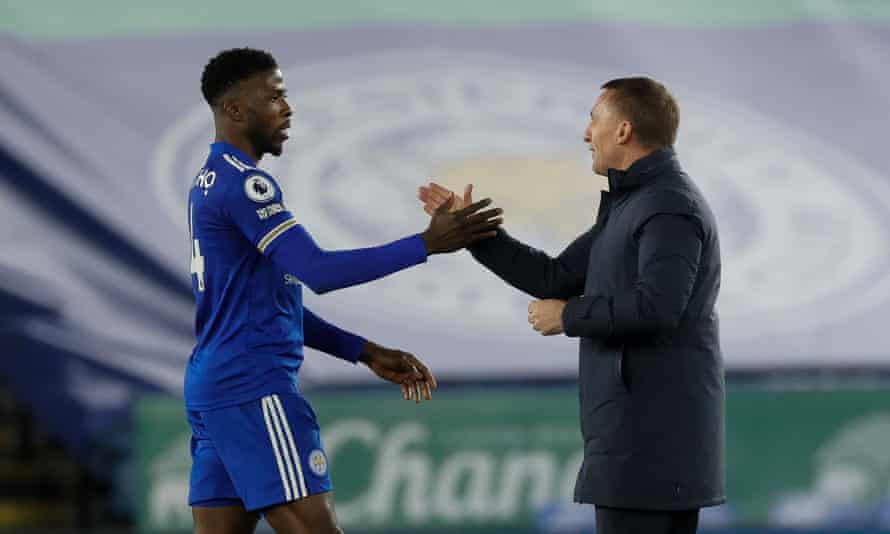 Brendan Rodgers congratulates Iheanacho at the end of the match