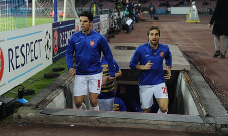 Mathieu Flamini with Mikel Arteta before Arsenal’s game at Napoli in December 2013.