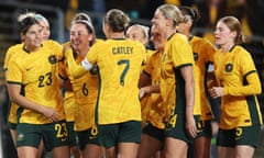 Clare Wheeler celebrates after opening the scoring for the Matildas