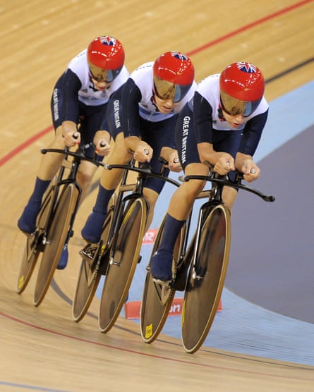 Dani King, Laura Trott and Joanna Rowsell during their first round women’s team pursuit event at London 2012