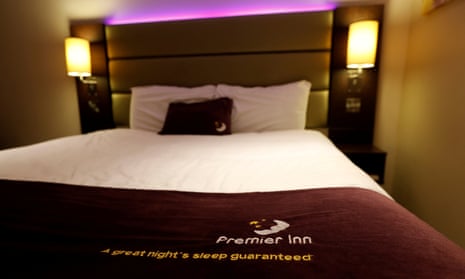 A bed is seen at a Premier Inn hotel in Liverpool.