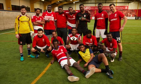 Refugees and asylum seekers in training at the weekly ClubTogether football session led by the Middlesbrough FC Foundation and the local Methodist Asylum Project. 