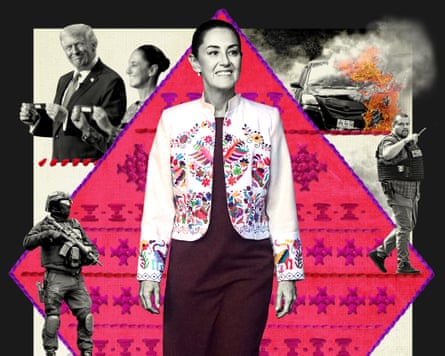Collage with Claudia Sheinbaum in centre and images of soldiers, a car on fire and her with Trump