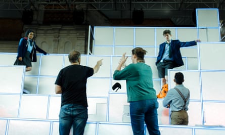 Rehearsals for Itch, with (left to right)Natasha Agarwal (Jack Lofte), director Stephen Barlow, designer Frankie Bradshaw, and Adam Temple-Smith (Itch)