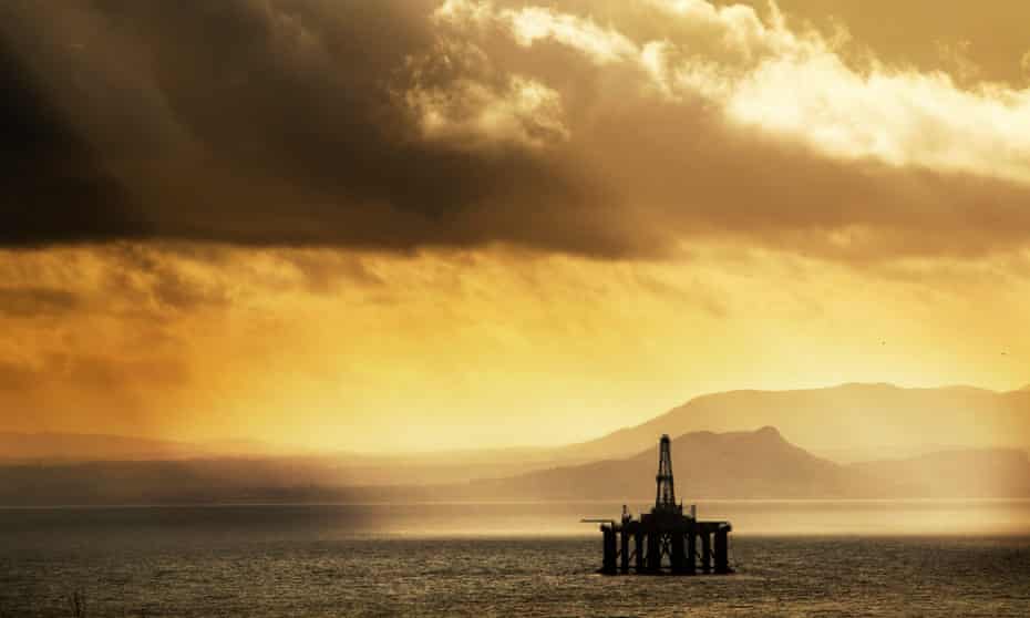 A drilling platform sits redundant in the Firth of Forth