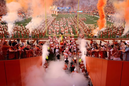 The Texas Longhorns take the field prior to Saturday’s game against the Georgia Bulldogs at Darrell K Royal-Texas Memorial Stadium.