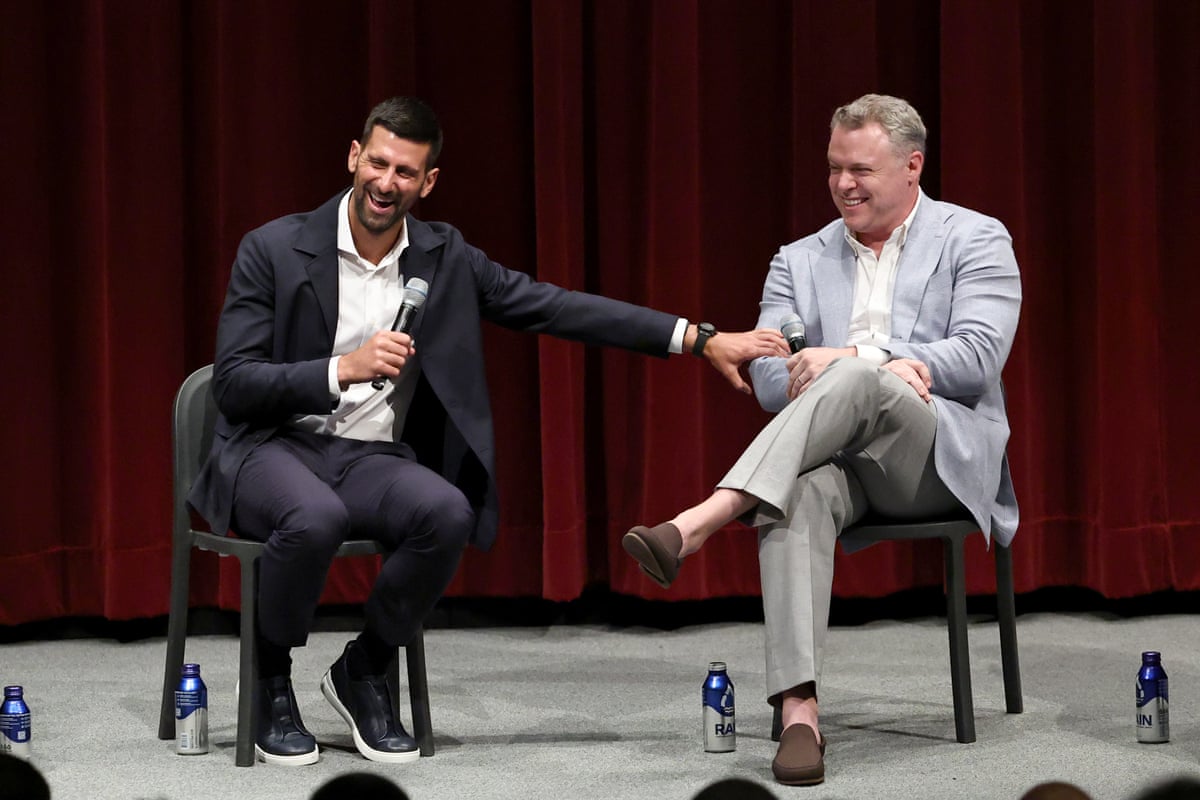 Novak Djokovic (left)) and Jason Hehir speak onstage during the Novak Djokovic: The Wolf In Winter world premiere at MoMA last month in New York.