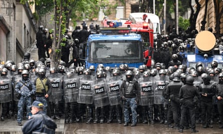 Georgian riot police on the streets as protesters rally against the ‘foreign agents’ bill in Tbilisi