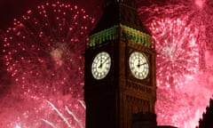 Big Ben showing 10 minutes past midnight, with fireworks behind