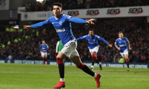 Ianis Hagi celebrates after scoring the winner for Rangers at Ibrox.