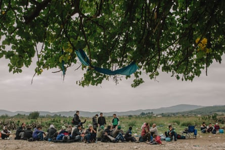 Refugees waiting to enter the UNHCR camp in North Macedonia.