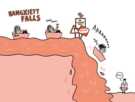 An illustration entitled ‘hangxiety falls’ showing people in boats falling over the edge to illustrate how a hangover feels