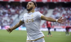 FBL-FRA-L1-LILLE-NICE<br>Nice’s forward Amine Gouiri celebratres after scoring during the French L1 football match between Lille and Nice on August 14, 2021 at the Pierre Mauroy Stadium in Villeneuve d’Ascq. (Photo by FRANCOIS LO PRESTI / AFP) (Photo by FRANCOIS LO PRESTI/AFP via Getty Images)