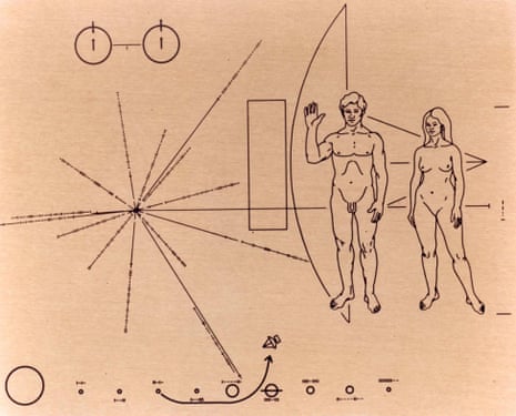 The plaque designed by Carl and Linda Sagan and Frank Drake that was attached to the Pioneer 10 spacecraft before it was launched into space in 1972. 