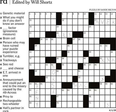 An apparently partially filled crossword