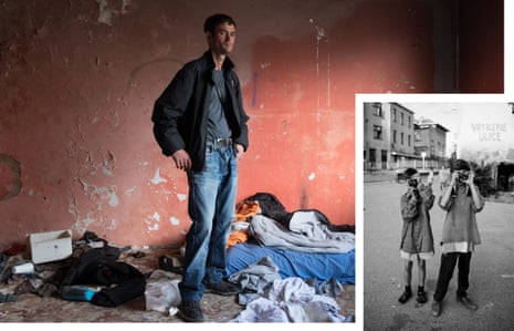 Nusret revisits the bombed-out windowless squat where he lived with other homeless Sarajevans, June 2018. Inset: Nusret (aged 13) and another child.