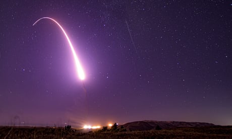 This image taken with a slow shutter speed on Oct. 2, 2019, and provided by the U.S. Air Force shows an unarmed Minuteman 3 intercontinental ballistic missile test launch at Vandenberg Air Force Base, Calif. The Pentagon has raised to $95.8 billion the estimated cost of fielding a new fleet of land-based nuclear missiles to replace the Minuteman 3 (Staff Sgt. J.T. Armstrong/U.S. Air Force via AP)