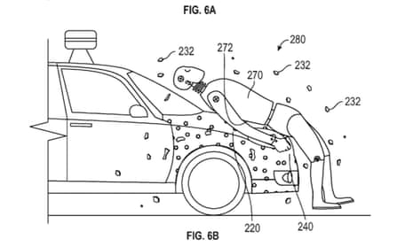 ‘Ideally, the adhesive coating on the front portion of the vehicle may be activated on contact and will be able to adhere to the pedestrian nearly instantaneously,’ according to the patent description.
