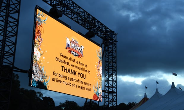 A sign thanks people for being part of live music returning during Byron Bay’s Bluesfest in April 2022.