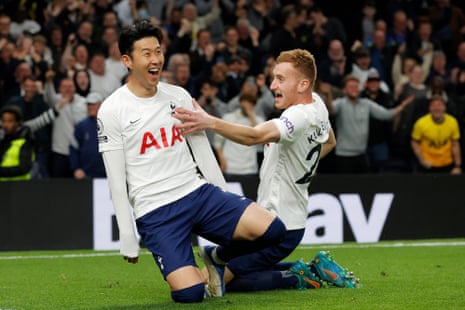 Son Heung-min of Tottenham Hotspur (left) celebrates with Dejan Kulusevski after scoring their side's third goal