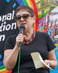 Mary Bousted of the National Education Union speaks during a rally in Brighton in May.