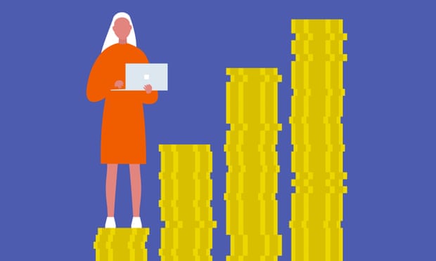Illustration of a young woman standing on a small stack of money.