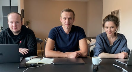 The FBK team in 2020, left to right: Georgy Alburov, Alexei Navalny and Maria Pevchikh