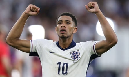 Jude Bellingham celebrates at full time after England defeat Slovakia.