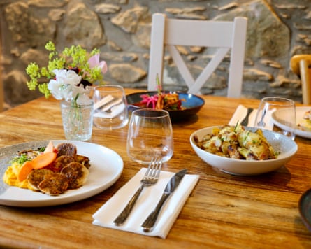 Close up of food on a wooden dining table at The Abergwaun, Fishguard, Pembrokeshire.