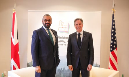 Cleverly holds a bilateral meeting with the US secretary of state, Antony Blinken, at the foreign ministers’ G7 summit.