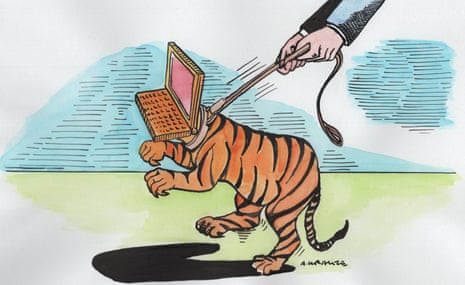 Illustration, of computer-headed tiger straining to break free from a leash, by  Andrzej Krauze