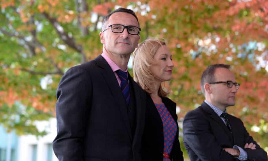 The Greens leader, Richard Di Natale with Larissa Waters and Adam Bandt in Canberra on Wednesday. 