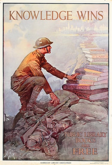 A colorful poster of a soldier holding on to a pile of books