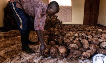 Skulls belonging to victims of the 1994 Rwandan genocide are placed together in Mubirizi, Rusizi district, in 2023 after more than 1,100 bodies were found in one of the largest mass graves from the atrocities of 1994.